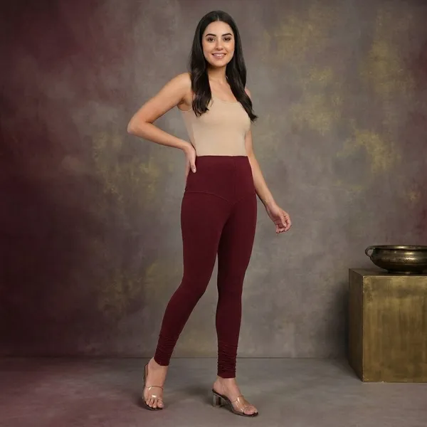 Maroon_Cotton_High_Waist_Ruched_churidar_Leggings_For_Women