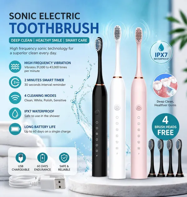 Sonic_Electric_Toothbrush_Ipx7_Waterproof_With_4_Brush_Heads
