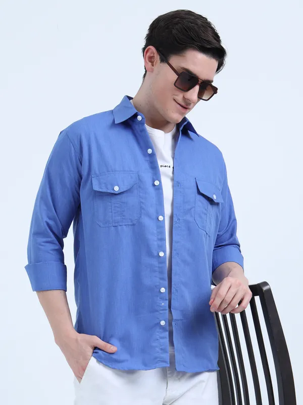 Men'S_Royal_Blue_Dual_Pocket_Cotton_Shirt