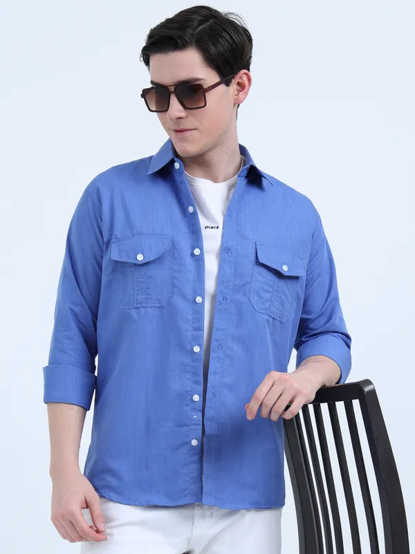 Men'S_Royal_Blue_Dual_Pocket_Cotton_Shirt