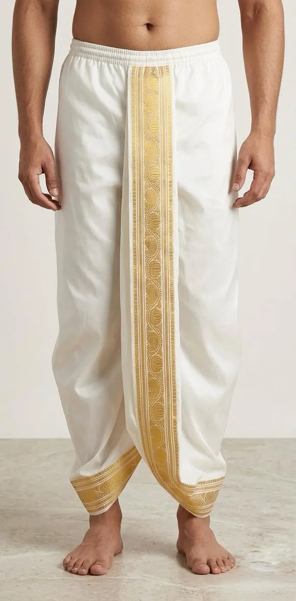 White_&_Cream_Teri_Cotton_Pleated_Dhoti_Pant_For_Men