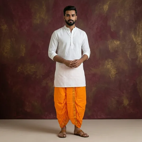 Orange_Teri_Cotton_Elasticated_Waist_Dhoti_Pant_For_Men