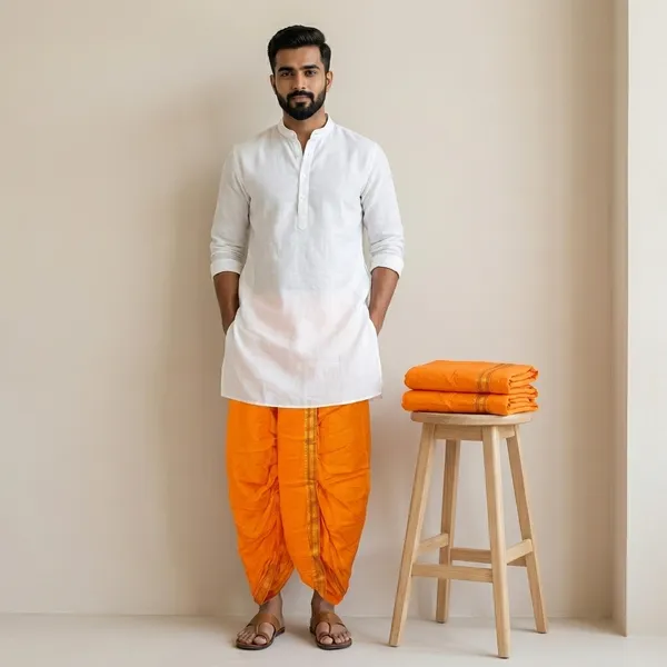 Orange_Teri_Cotton_Elasticated_Waist_Dhoti_Pant_For_Men