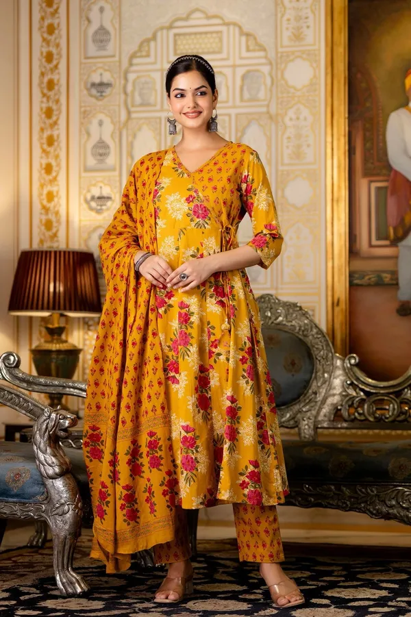 Yellow_And_Red_Cotton_Floral_Printed_Anarkali_Kurta_Set_For_Women