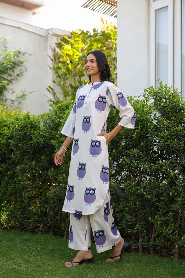 White_And_Blue_Cotton_Owl_Print_Kurta_Set_For_Women