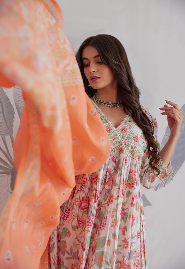 White_And_Orange_Cotton_Floral_Embroidered_Anarkali_Kurta_Set_For_Women