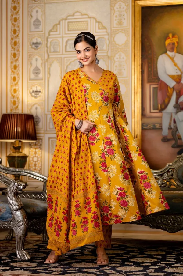 Yellow_And_Red_Cotton_Floral_Printed_Anarkali_Kurta_Set_For_Women
