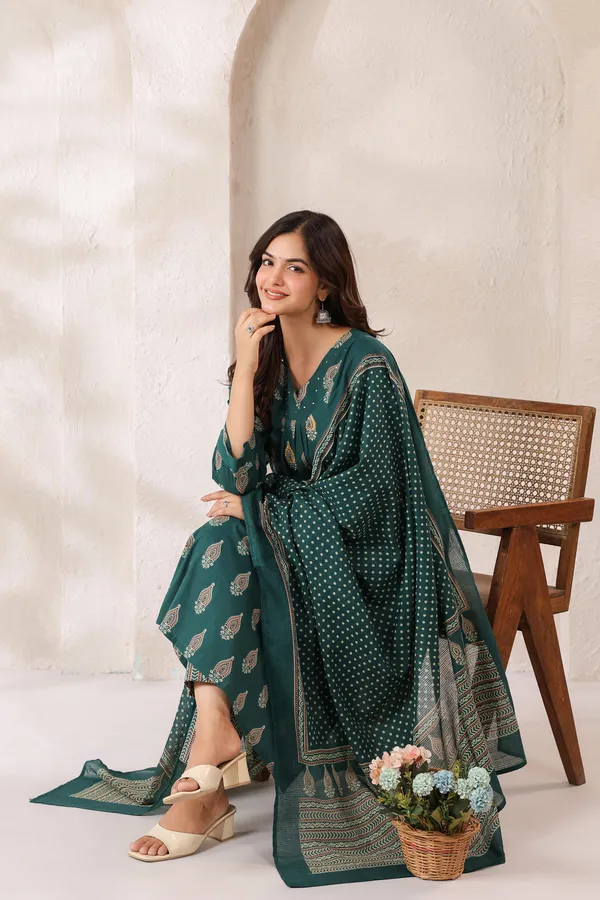 Green_Cotton_Block_Printed_Kurta_Set_With_Dupatta_For_Women