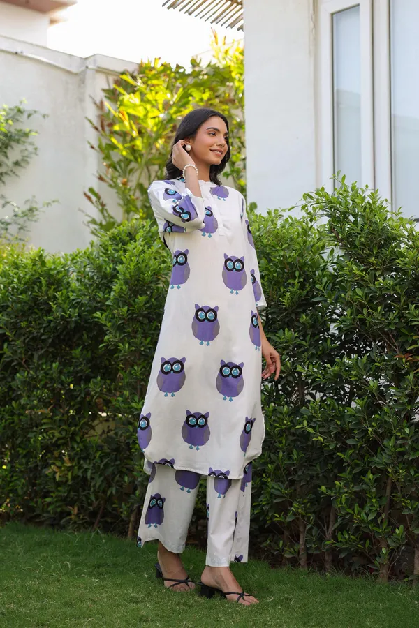 White_And_Blue_Cotton_Owl_Print_Kurta_Set_For_Women