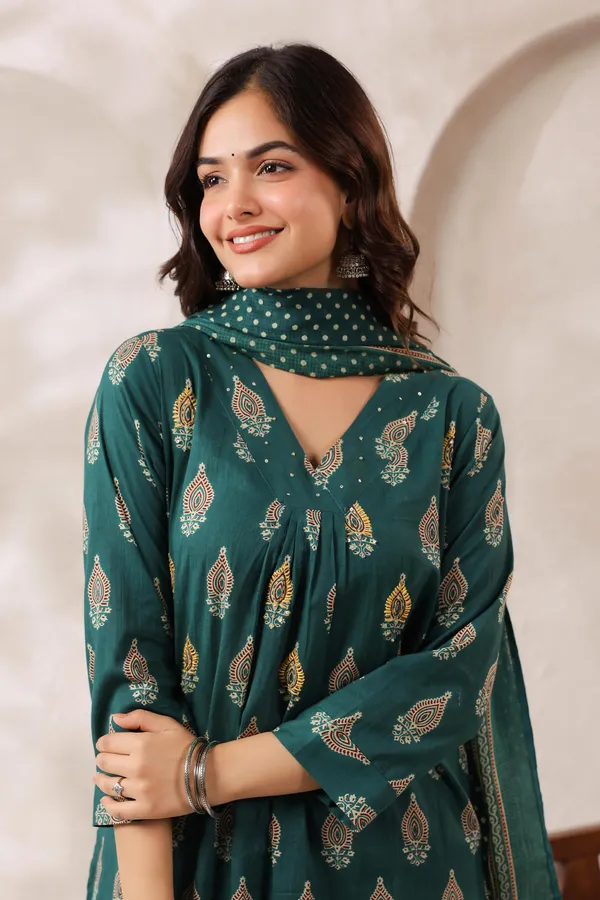 Green_Cotton_Block_Printed_Kurta_Set_With_Dupatta_For_Women