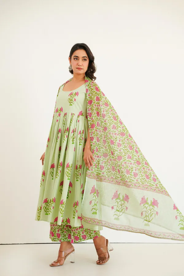 Green_Cotton_Floral_Printed_Anarkali_Kurta_Set_For_Women