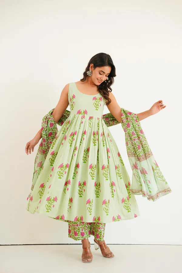 Green_Cotton_Floral_Printed_Anarkali_Kurta_Set_For_Women