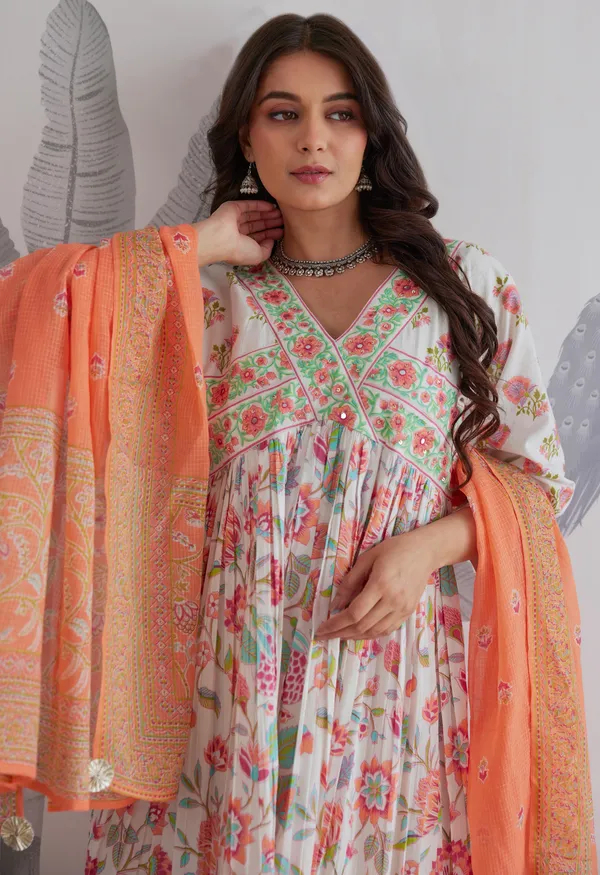 White_And_Orange_Cotton_Floral_Embroidered_Anarkali_Kurta_Set_For_Women