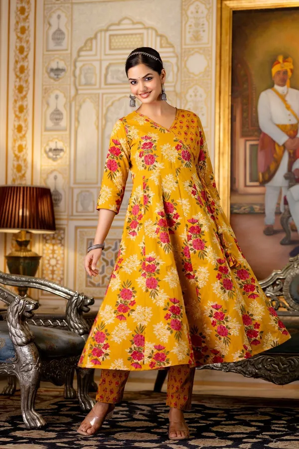 Yellow_And_Red_Cotton_Floral_Printed_Anarkali_Kurta_Set_For_Women
