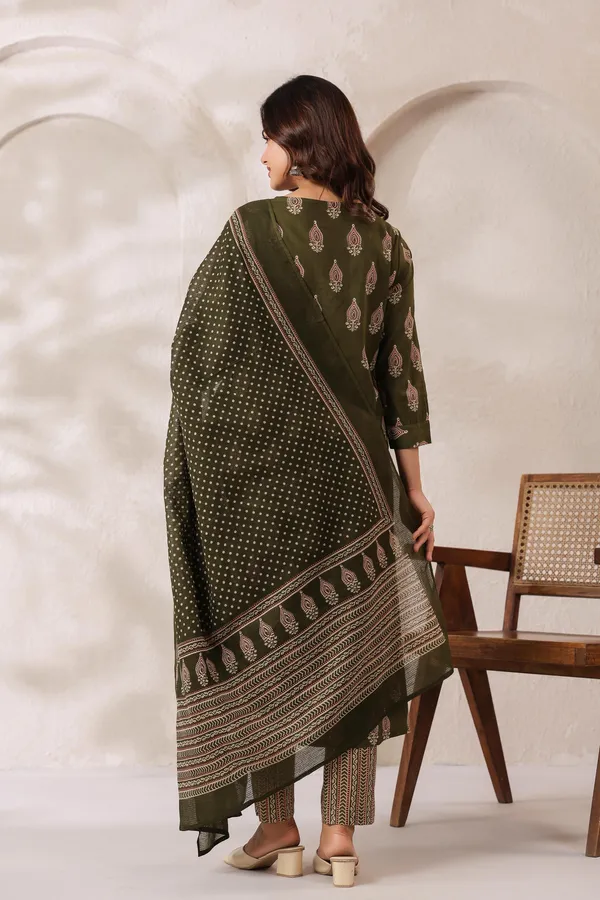 Olive_Green_Cotton_Printed_Kurta_Set_For_Women
