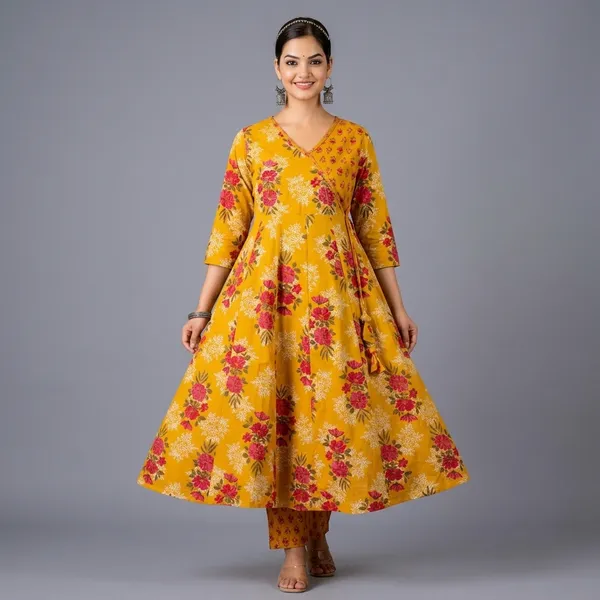 Yellow_And_Red_Cotton_Floral_Printed_Anarkali_Kurta_Set_For_Women
