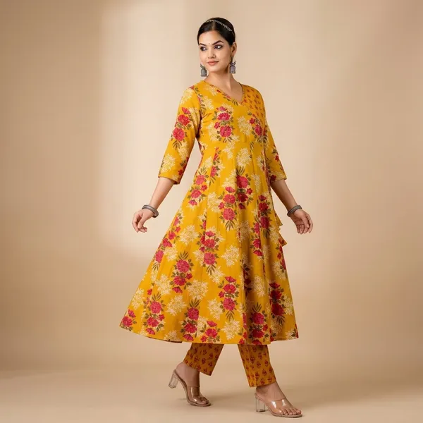 Yellow_And_Red_Cotton_Floral_Printed_Anarkali_Kurta_Set_For_Women