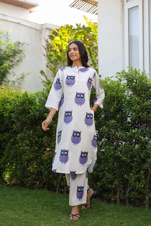 White_And_Blue_Cotton_Owl_Print_Kurta_Set_For_Women