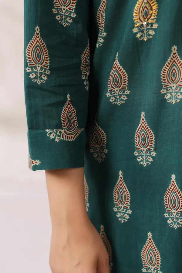 Green_Cotton_Block_Printed_Kurta_Set_With_Dupatta_For_Women