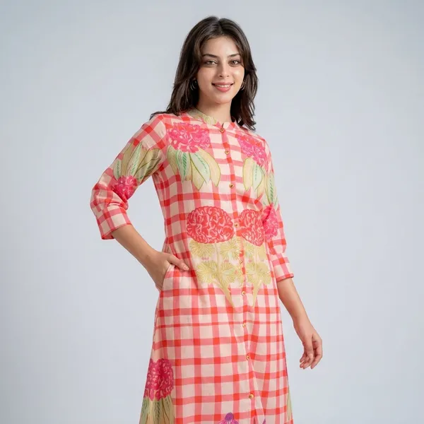 Pink_Cotton_Checkered_Floral_Print_A-Line_Kurti_For_Women