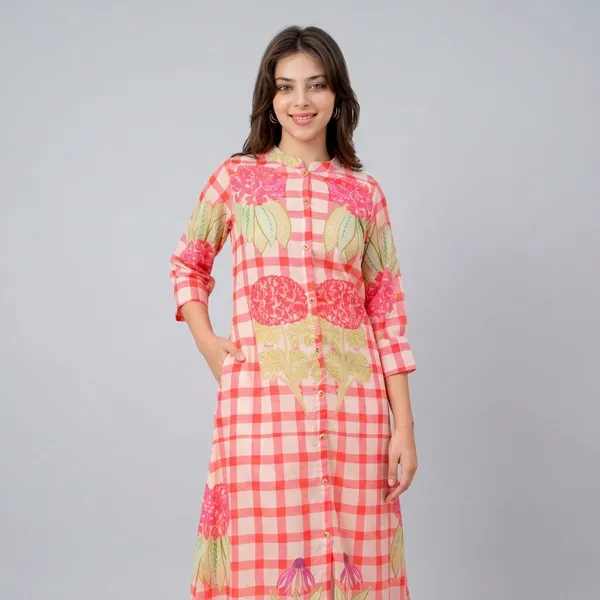 Pink_Cotton_Checkered_Floral_Print_A-Line_Kurti_For_Women