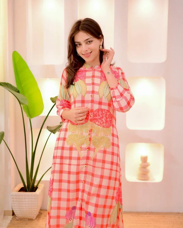 Pink_Cotton_Checkered_Floral_Print_A-Line_Kurti_For_Women