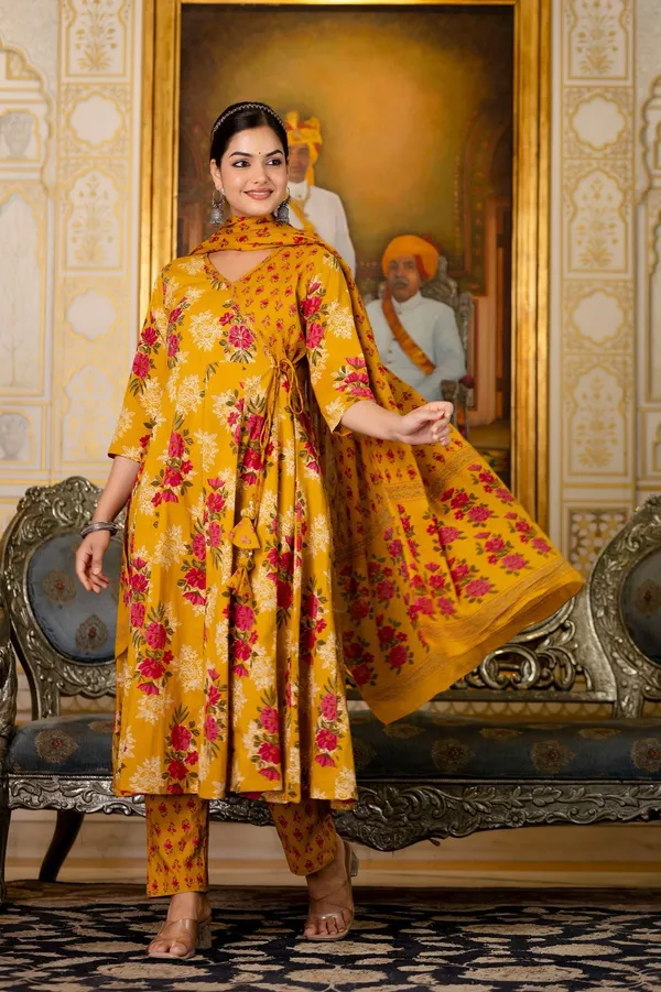 Yellow_And_Red_Cotton_Floral_Printed_Anarkali_Kurta_Set_For_Women