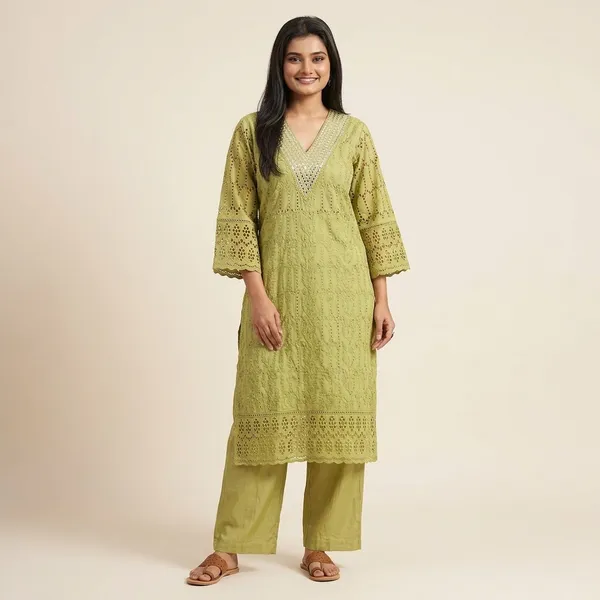 Lime_Green_Cotton_Chikankari_Embroidered_Kurta_Set_For_Women