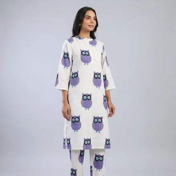 White_And_Blue_Cotton_Owl_Print_Kurta_Set_For_Women