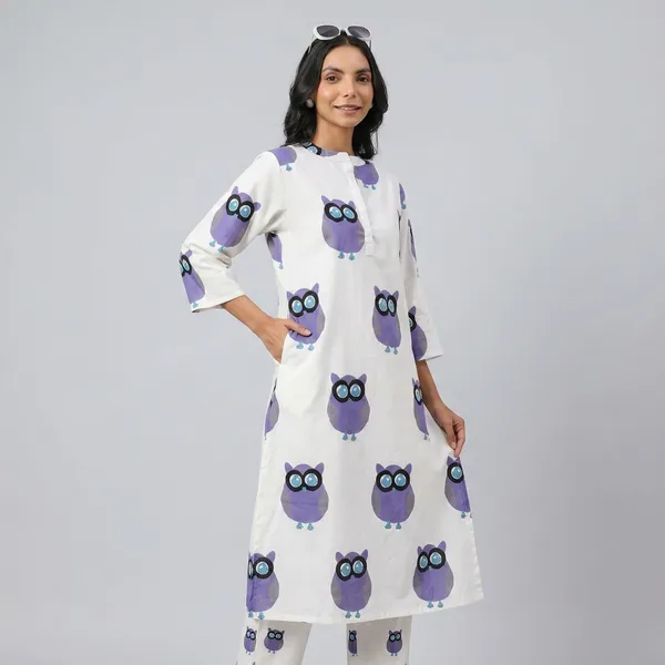 White_And_Blue_Cotton_Owl_Print_Kurta_Set_For_Women