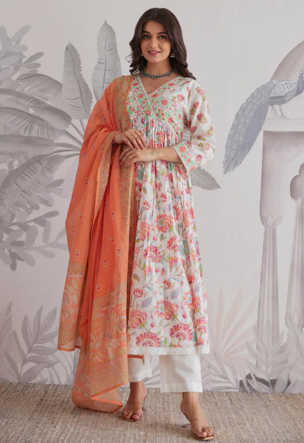 White_And_Orange_Cotton_Floral_Embroidered_Anarkali_Kurta_Set_For_Women
