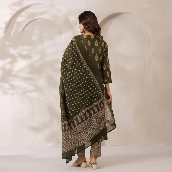 Olive_Green_Cotton_Printed_Kurta_Set_For_Women