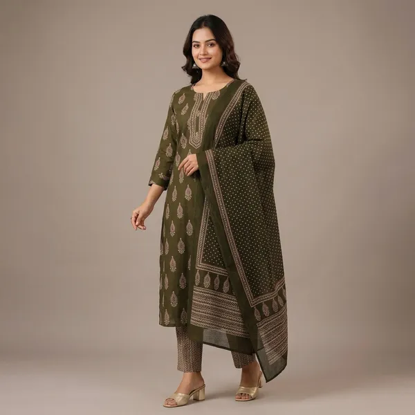 Olive_Green_Cotton_Printed_Kurta_Set_For_Women