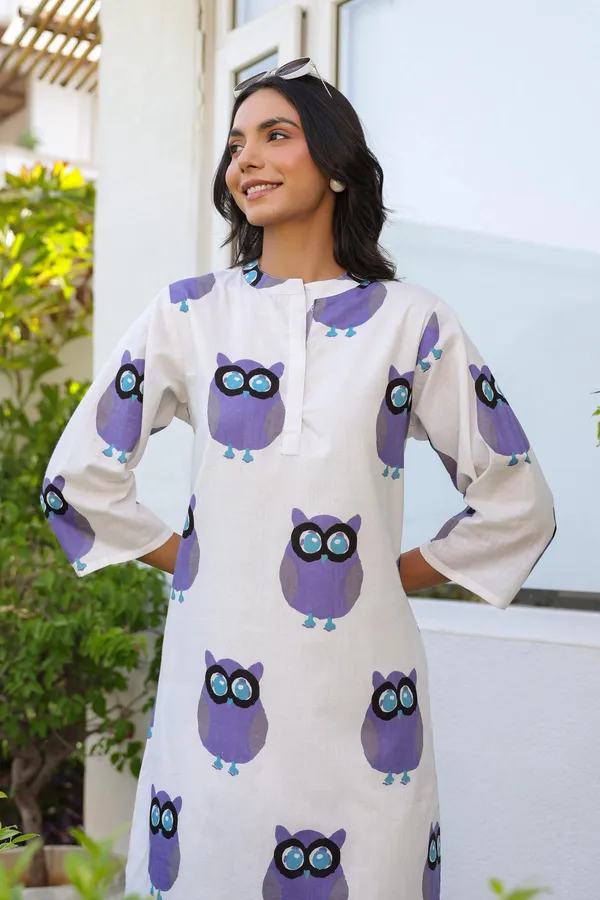 White_And_Blue_Cotton_Owl_Print_Kurta_Set_For_Women