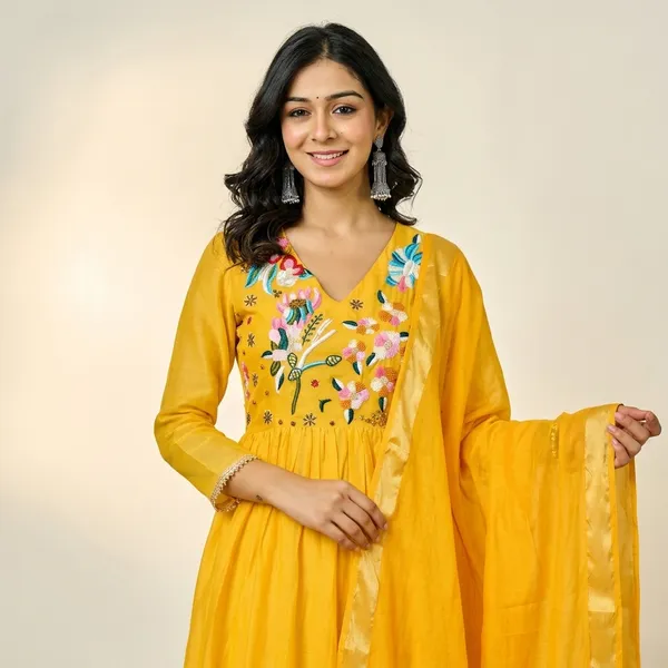 Yellow_Cotton_Floral_Embroidered_Anarkali_Kurta_Set_For_Women