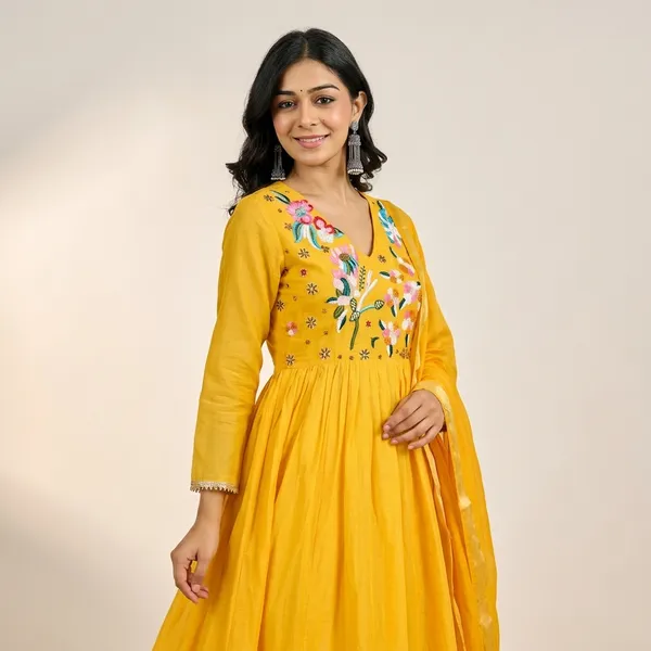Yellow_Cotton_Floral_Embroidered_Anarkali_Kurta_Set_For_Women