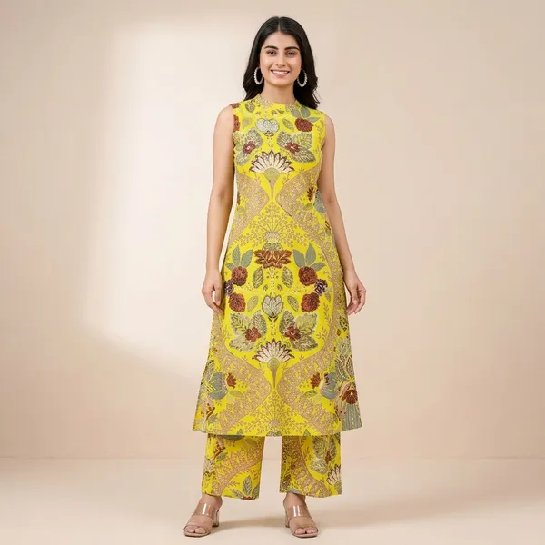 Yellow_Cotton_Floral_Printed_Sleeveless_Kurta_Set_For_Women