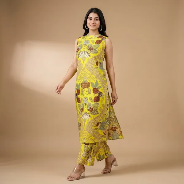 Yellow_Cotton_Floral_Printed_Sleeveless_Kurta_Set_For_Women