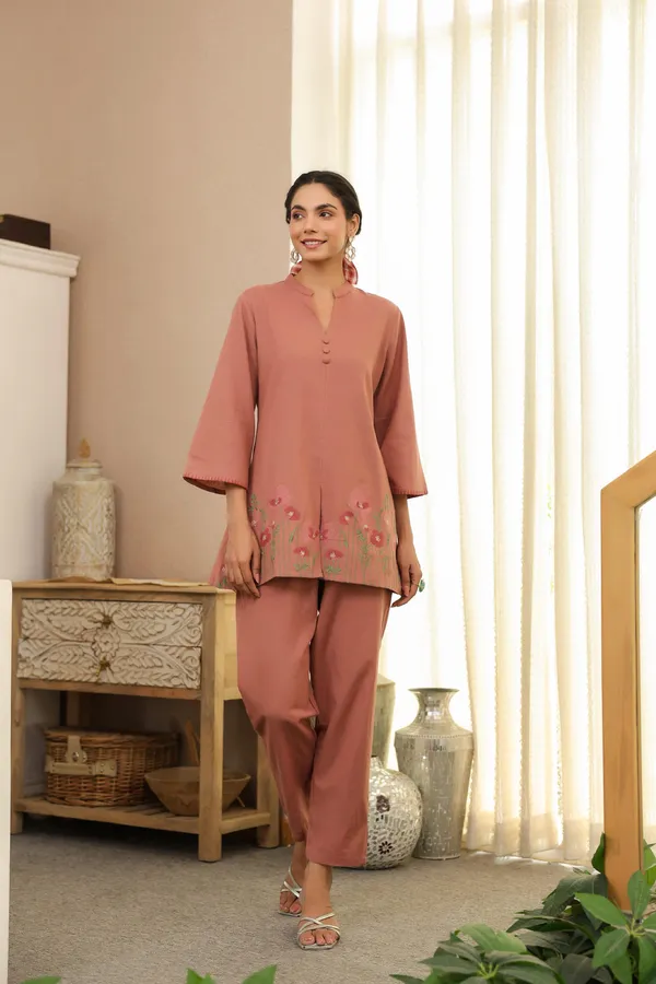 Dusty_Rose_Cotton_Embroidered_Kurta_Pant_Set_For_Women
