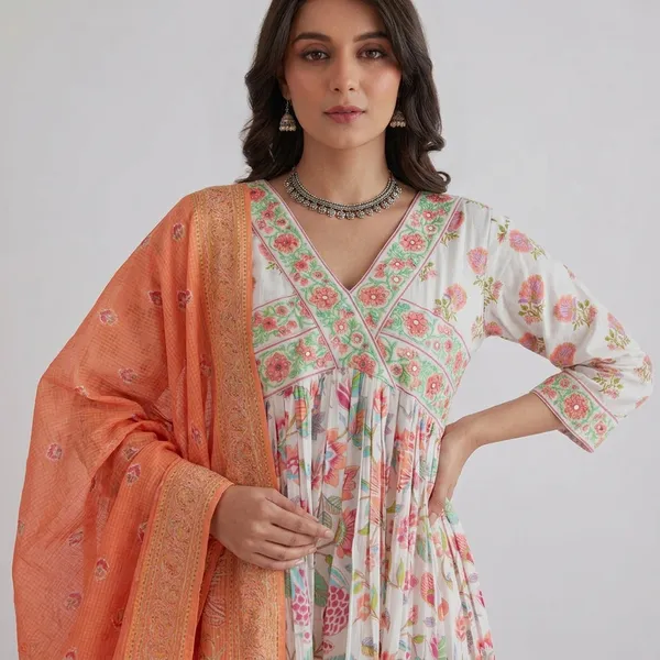 White_And_Orange_Cotton_Floral_Embroidered_Anarkali_Kurta_Set_For_Women