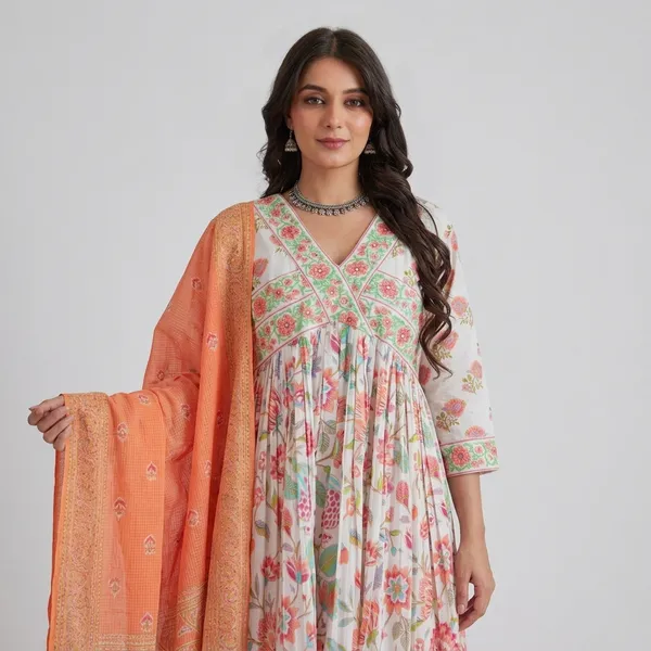 White_And_Orange_Cotton_Floral_Embroidered_Anarkali_Kurta_Set_For_Women