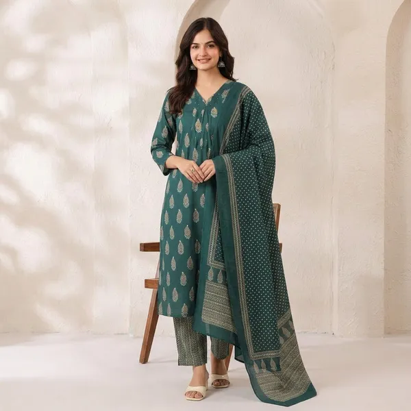 Green_Cotton_Block_Printed_Kurta_Set_With_Dupatta_For_Women