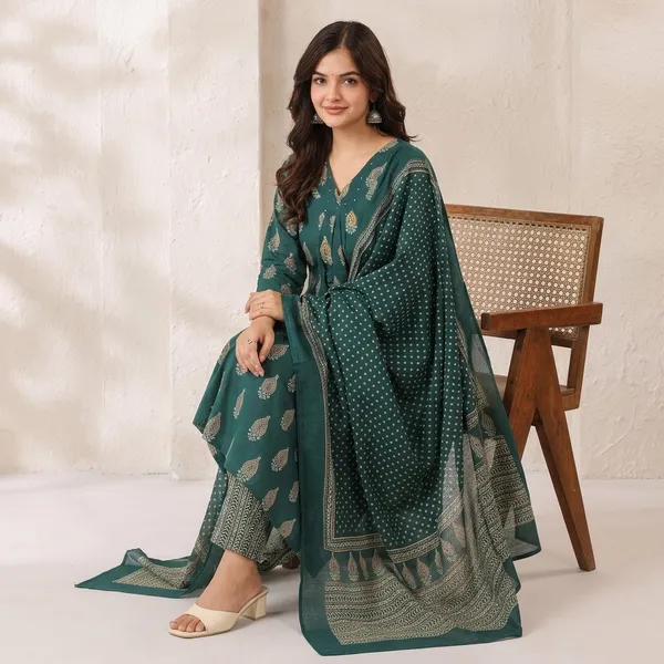 Green_Cotton_Block_Printed_Kurta_Set_With_Dupatta_For_Women