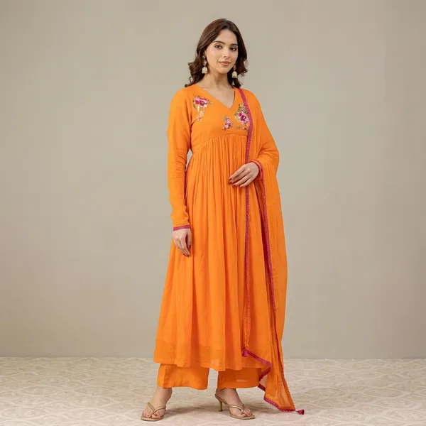 Orange_Cotton_Anarkali_Kurta_Set_For_Women