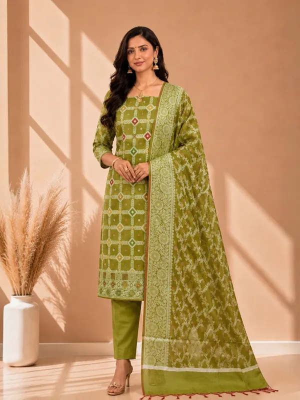Elegant_Banarasi_Cotton_Silk_Meena_3_Piece__Suit_Mehendi_Color