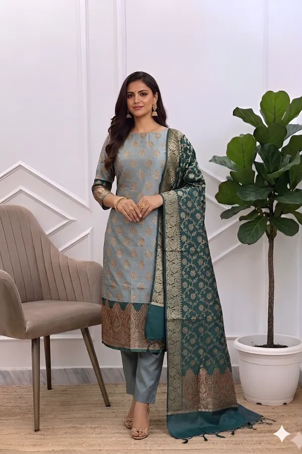 New_Arrival_Banarasi_Soft_Cotton_Silk_3_Pcs_Suits_With_Contrast_Pallu_Bottle_Green_Banarasi_Soft_Cotton_Silk