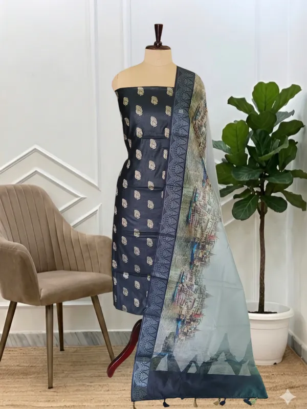 Black_Banarasi_Soft_Cotton_Silk_3Pcs_Suit_With_Printed_Pallu_Banarasi_Soft_Cotton_Silk