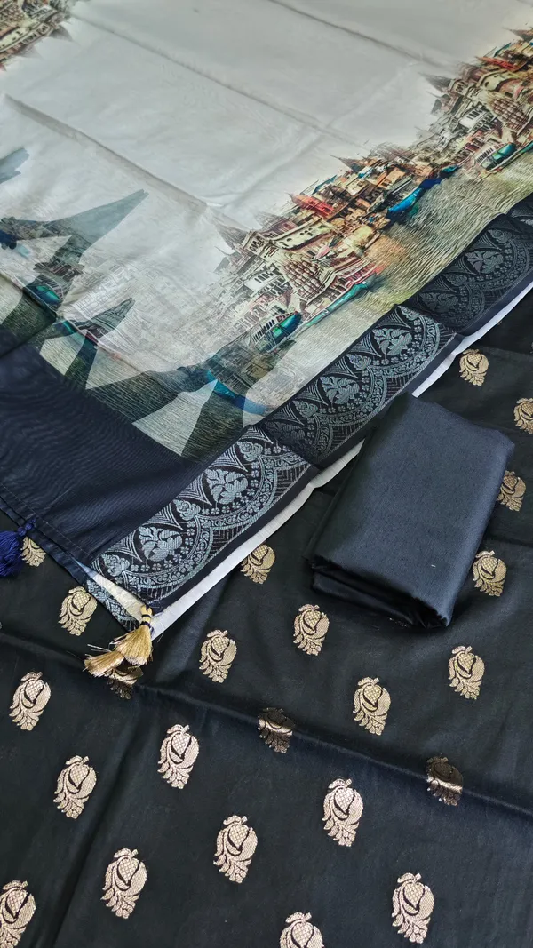 Black_Banarasi_Soft_Cotton_Silk_3Pcs_Suit_With_Printed_Pallu_Banarasi_Soft_Cotton_Silk