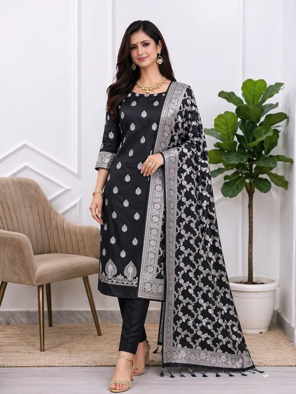 Festive_Banarasi_Handloom_Silk_Unstitched_Suit_With_Beautiful_Black_Banarasi_Handloom_Silk