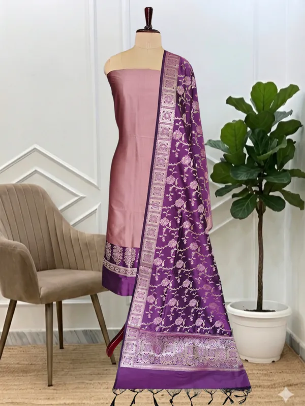 Luxury_Soft_Silk_Banarasi_3_Pcs_Suit_With_Dusty_Rose_Pink_Contrast_Royal_Mauve_Purple_Banarasi_Soft_Semi_Silk